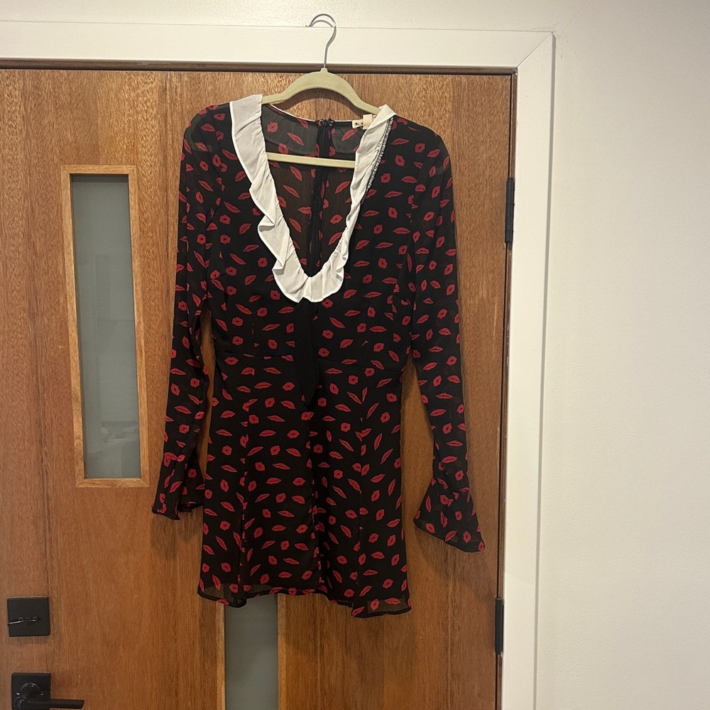 For Love And Lemons Black Dress with Red Pattern and White Ruffle